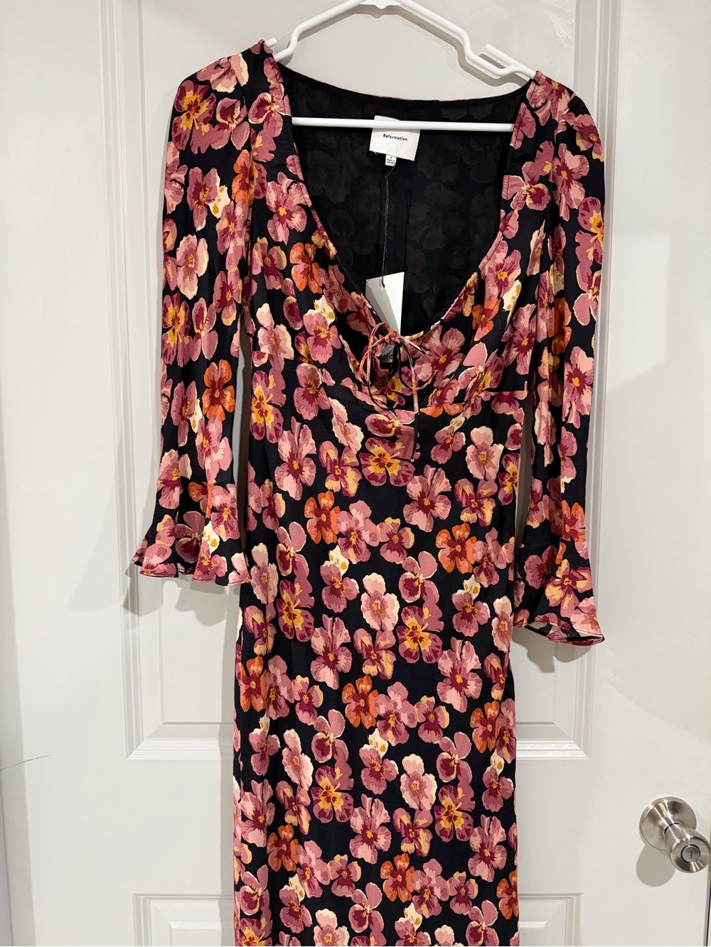 Reformation Black Midi Dress with Pink & Orange Floral Print
